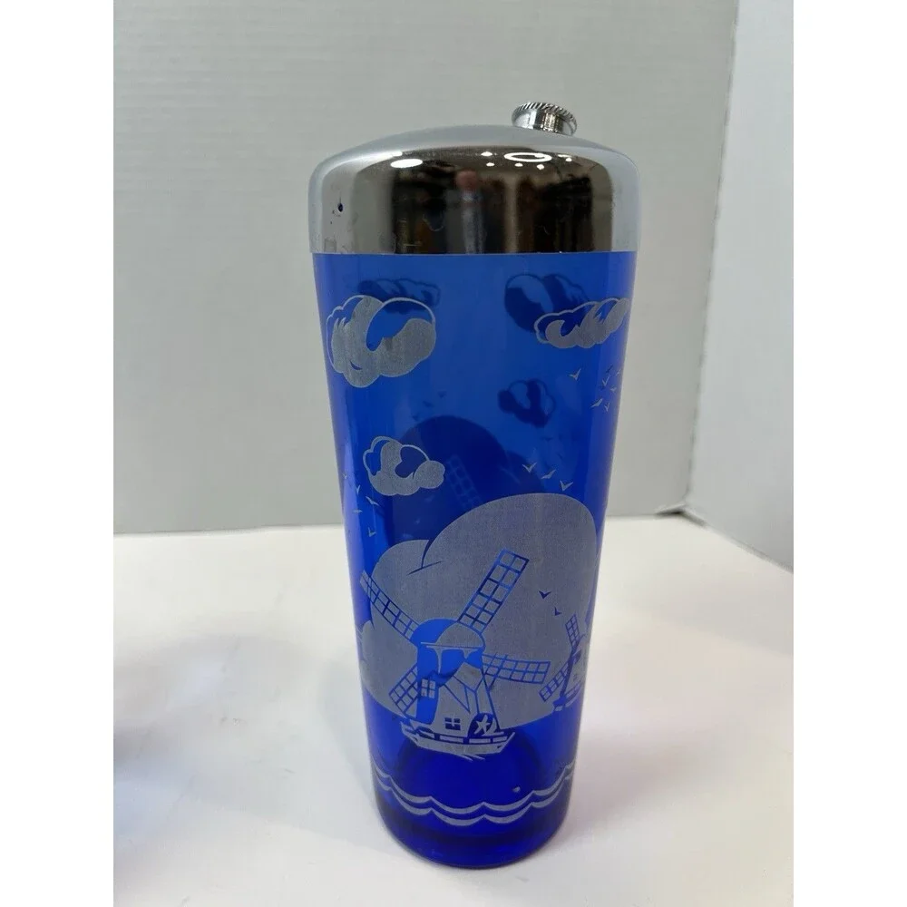 Vintage Hazel Atlas Cobalt Blue Windmill Cocktail Shaker ice bucket 4 glasses